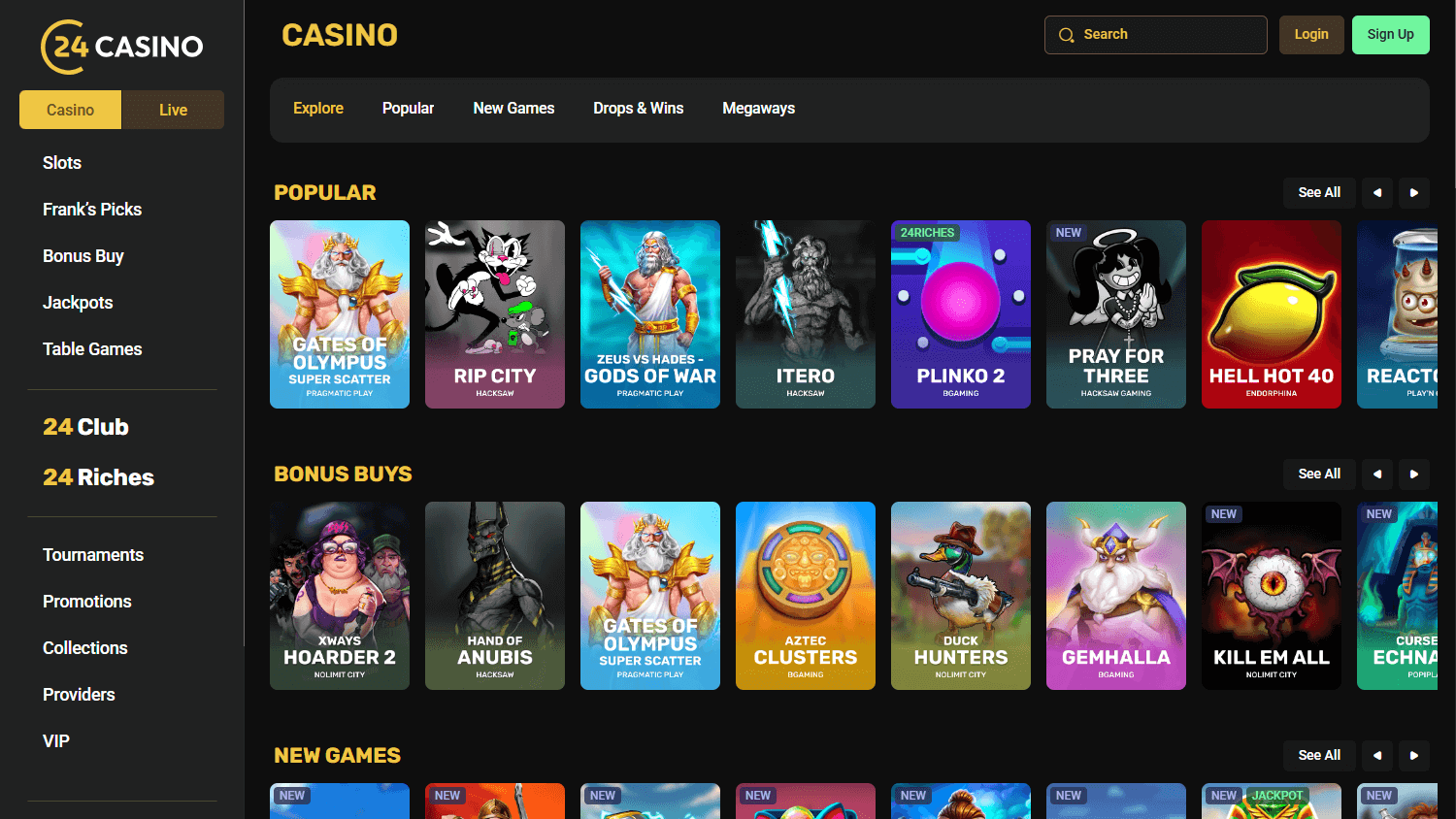 Online casino game library showing slots and live casino games at 24Casino