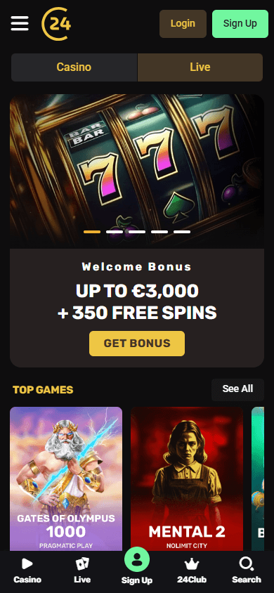24Casino mobile homepage for Irish players
