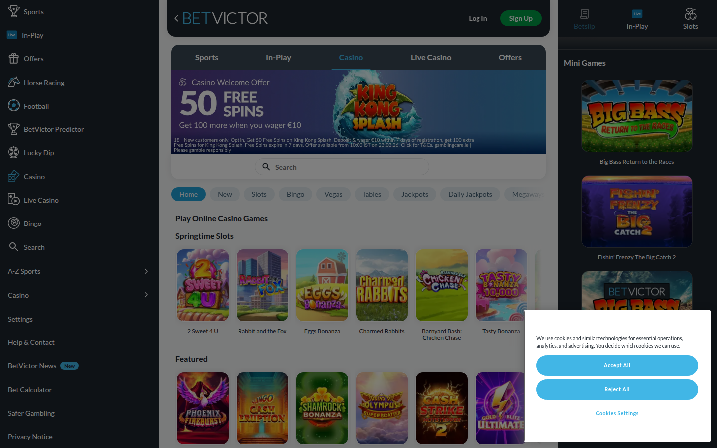BetVictor Casino Ireland homepage showing sports and casino sections