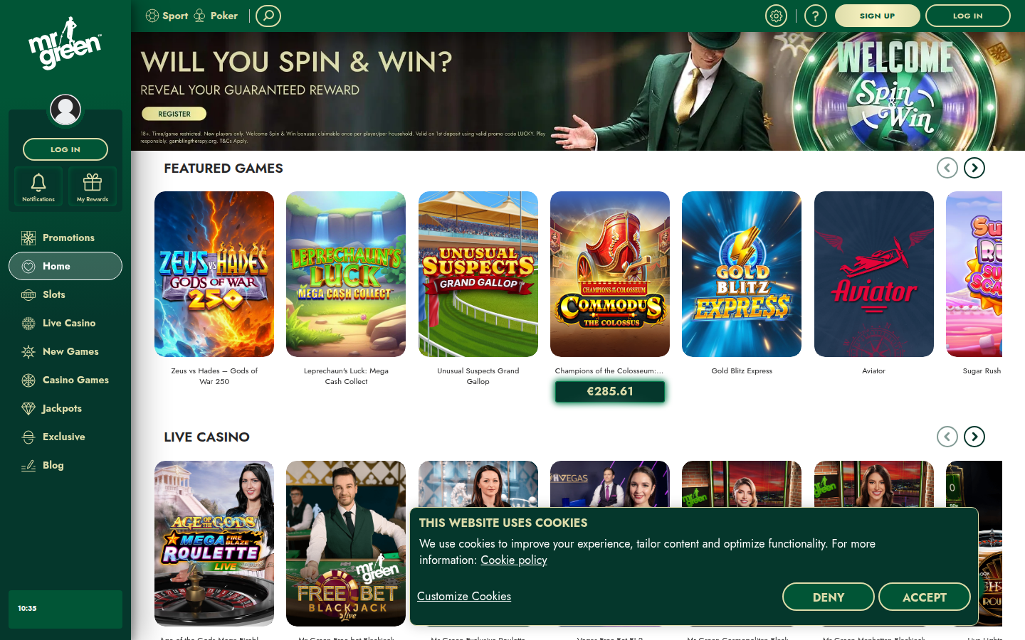 Mr Green Casino Ireland homepage showing Green Gaming responsible gambling tools