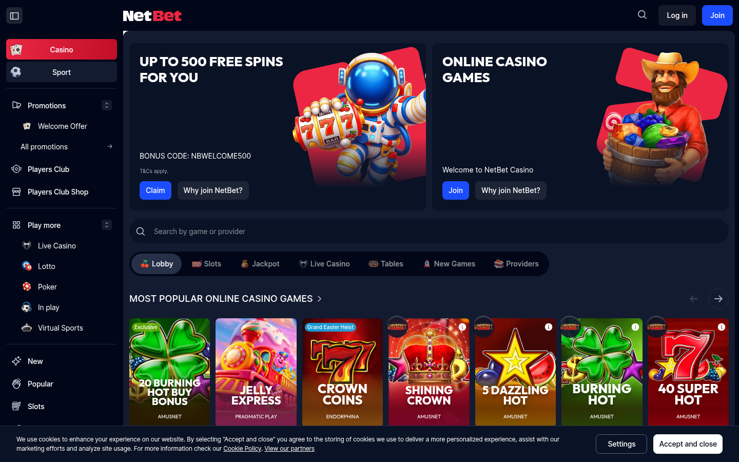 NetBet Casino Ireland homepage