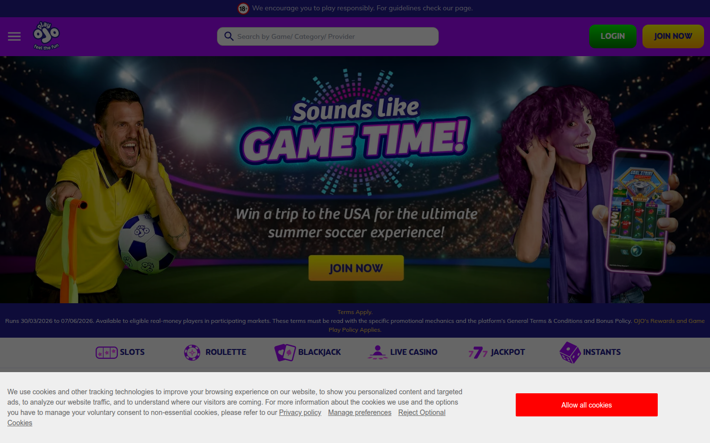 PlayOJO Casino Ireland homepage