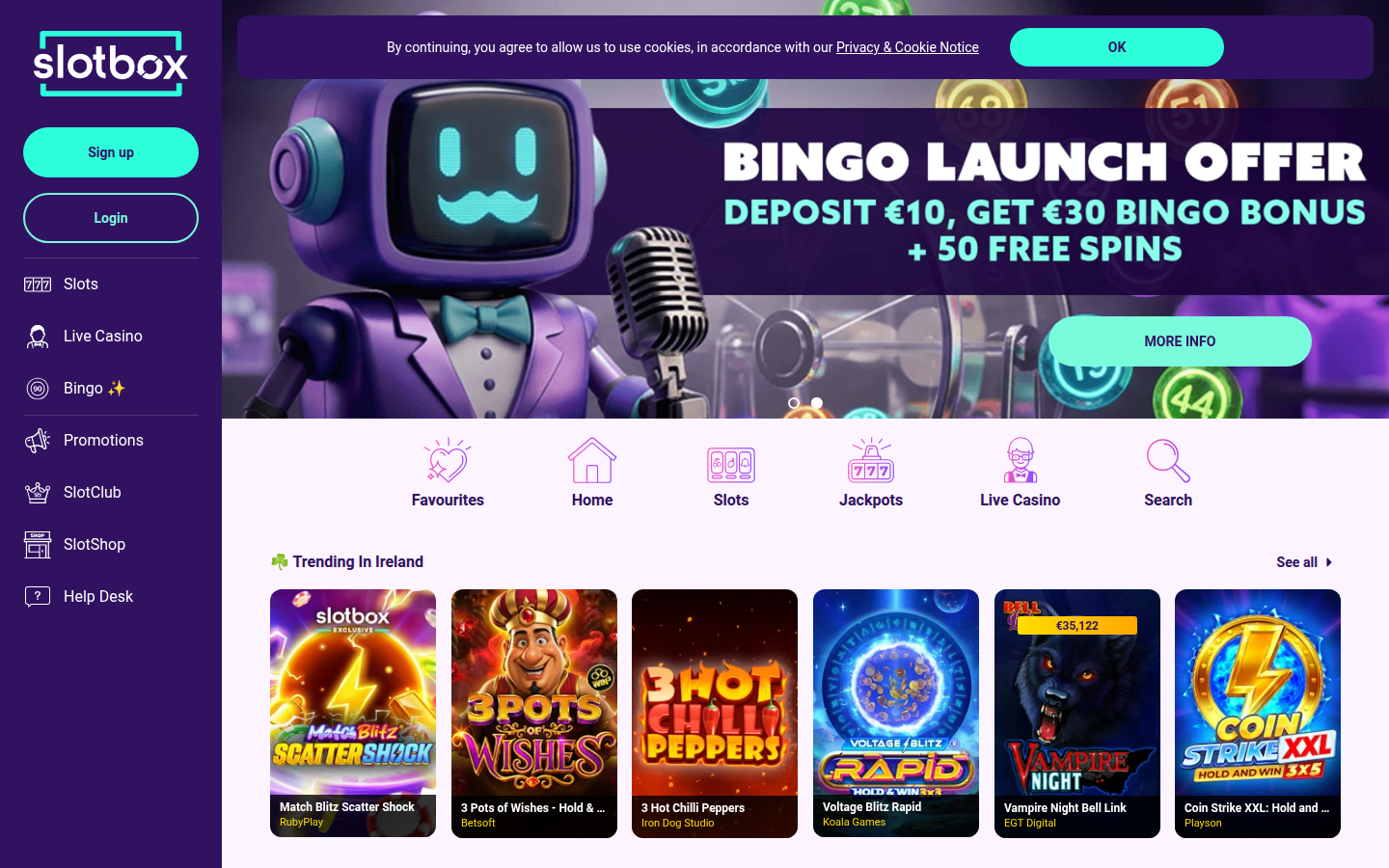 SlotBox Casino Ireland homepage focused on online slots