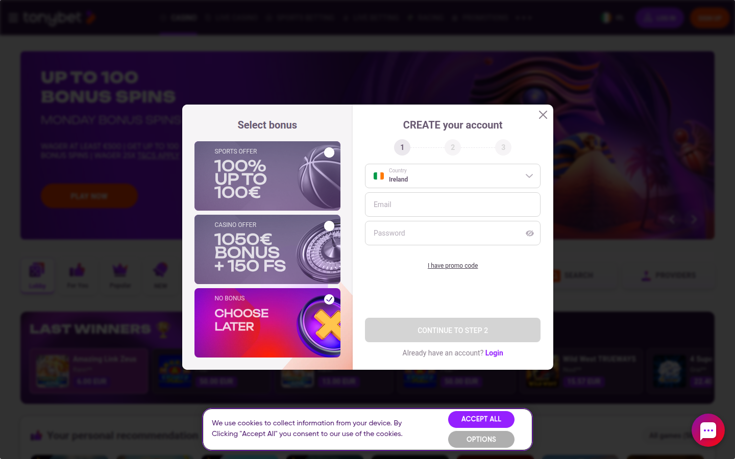 TonyBet Casino Ireland homepage showing sports and casino sections